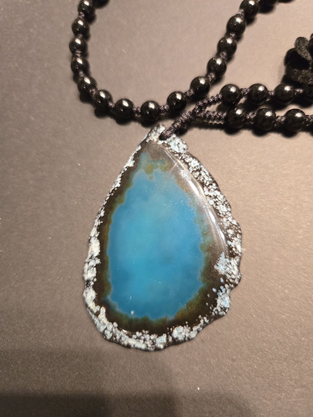 Blue Agate Teardrop Pendant Slice Necklace